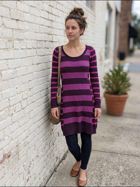 Kenar Dresses & Skirts - Kenar Women's Marino Wool Striped Scoop Neck Tunic Dress Magenta 90s Grunge